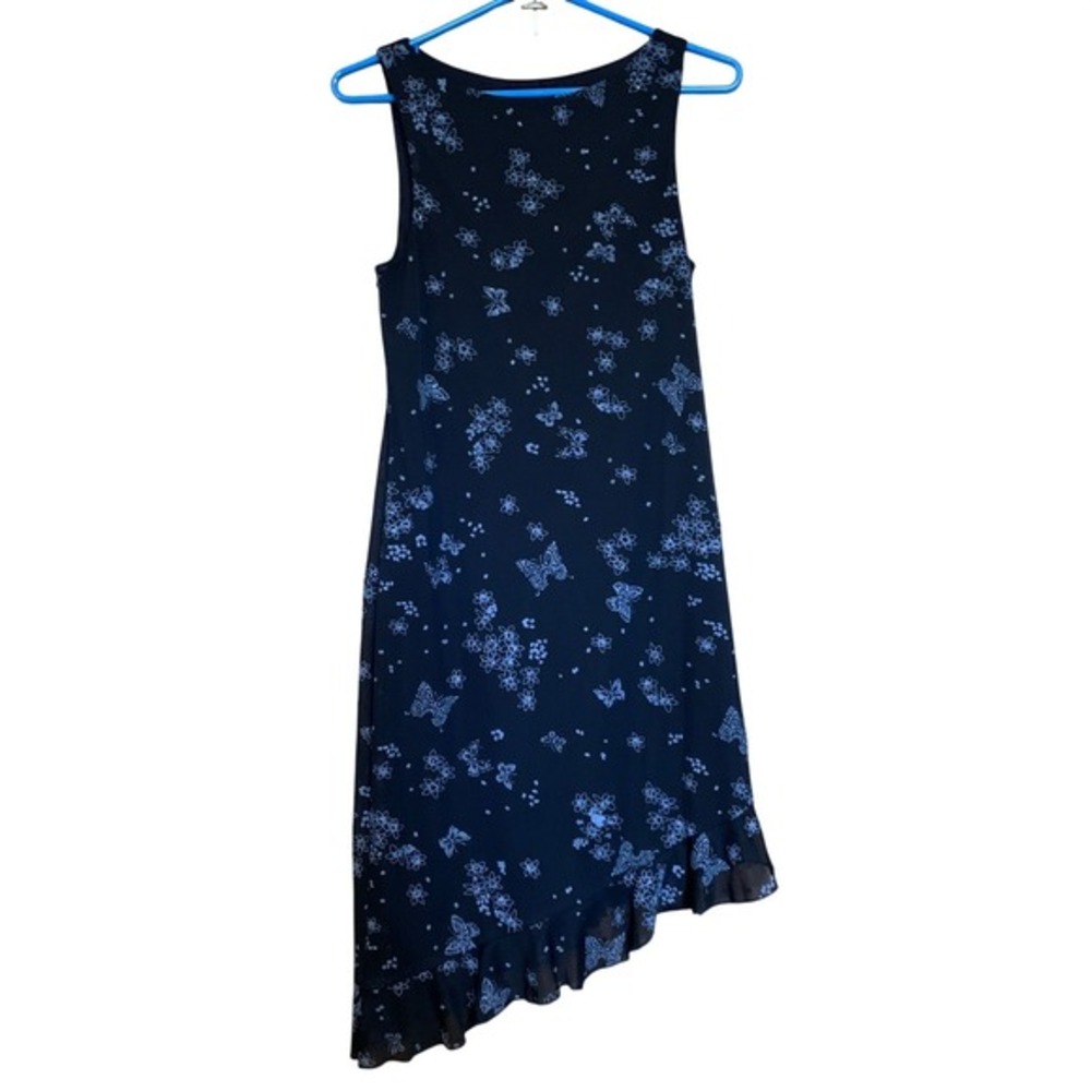 VTG Y2K City Triangles Butterfly Floral Print Sleeveless Midi Dress Medium Blue